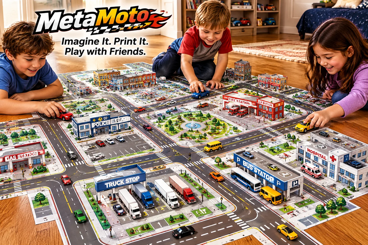 MetaMoto artwork showing children playing with a miniature city and toy vehicles.